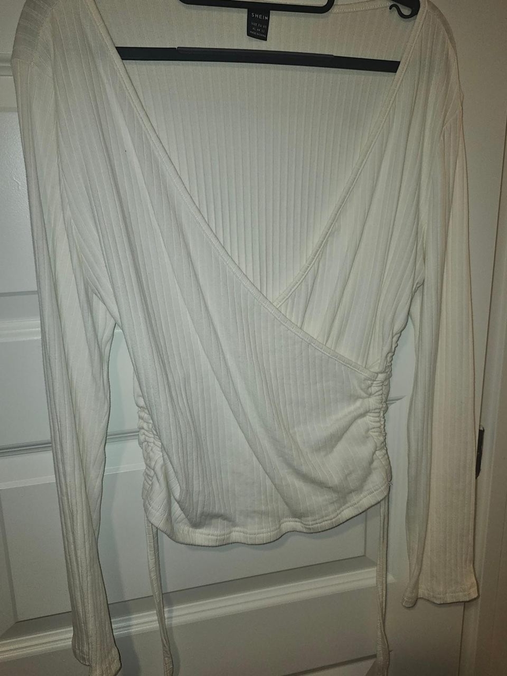 SHEIN Cream Ribbed Wrap-Style Long Sleeve Top with Side Ties
